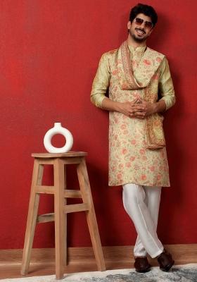 Pista Printed Silk Blend Kurta Set For Men