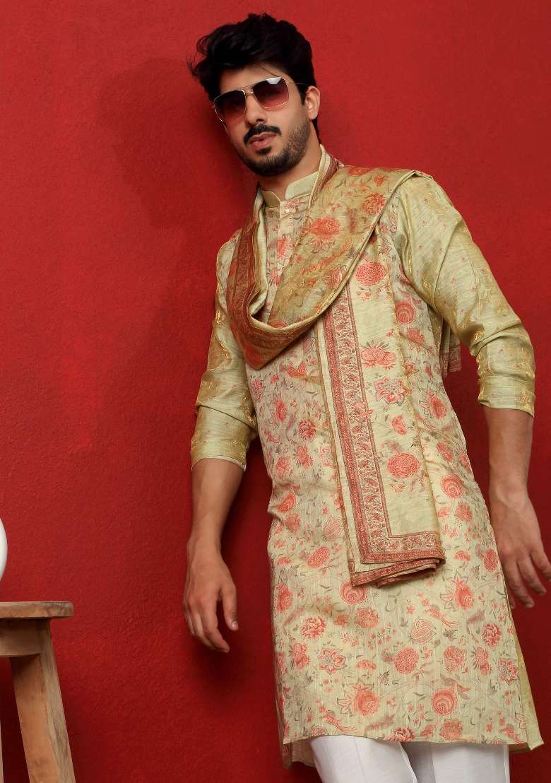 Pista Printed Silk Blend Kurta Set For Men - Indya