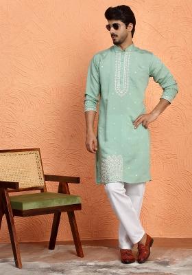 Green Yoke Design Silk Blend Kurta Set For Men