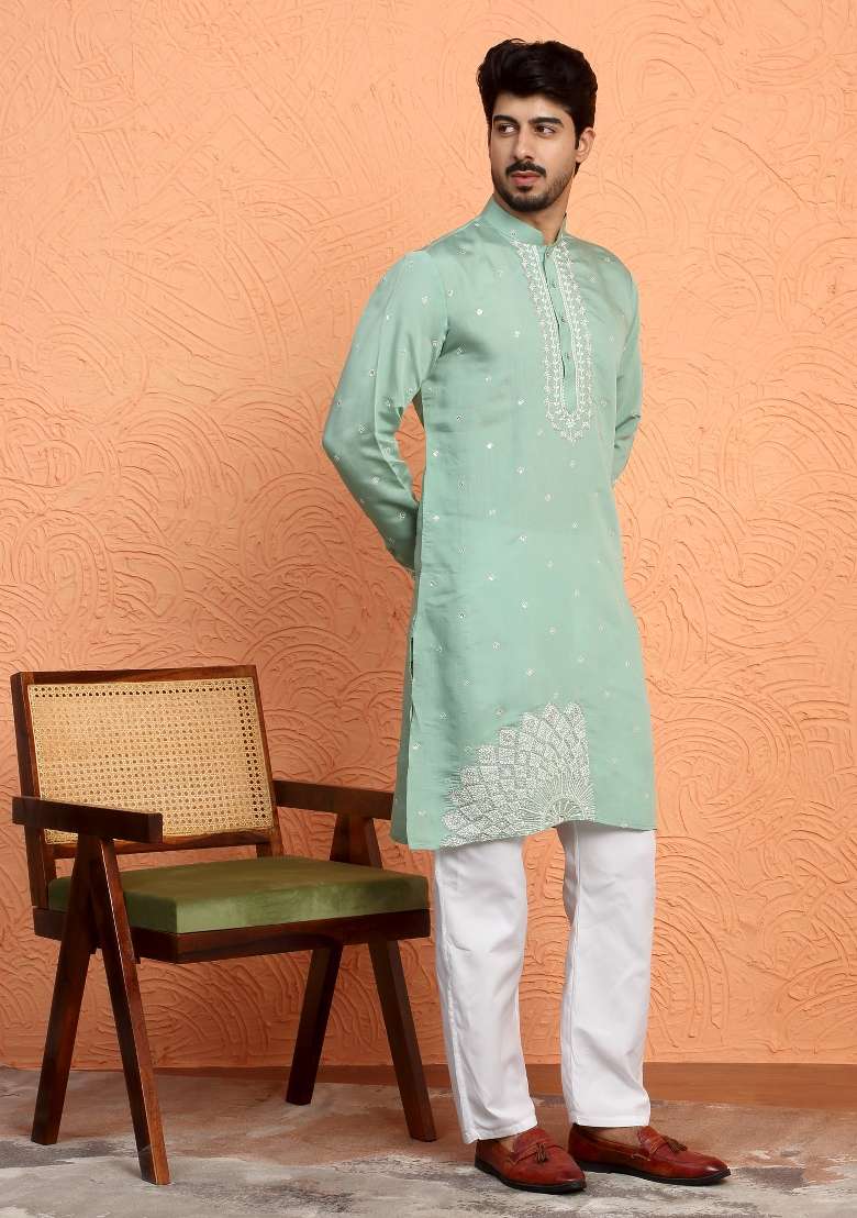 Green Yoke Design Silk Blend Kurta Set For Men - Indya