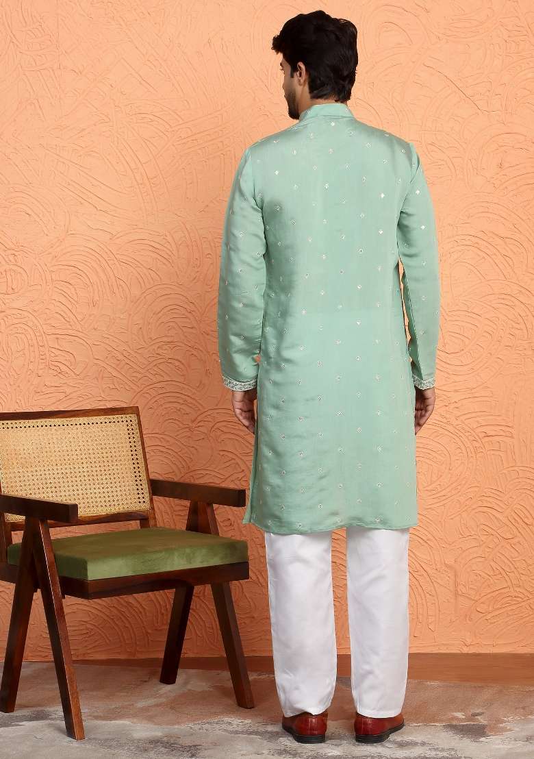 Green Yoke Design Silk Blend Kurta Set For Men - Indya