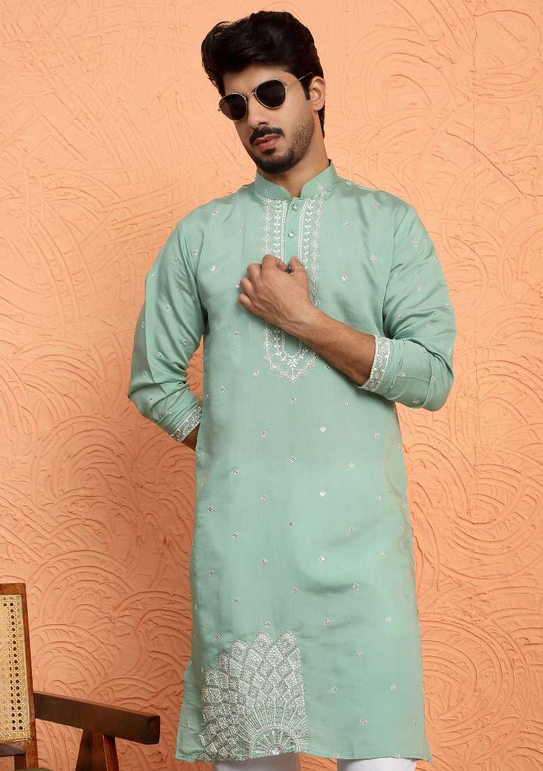 Green Yoke Design Silk Blend Kurta Set For Men - Indya