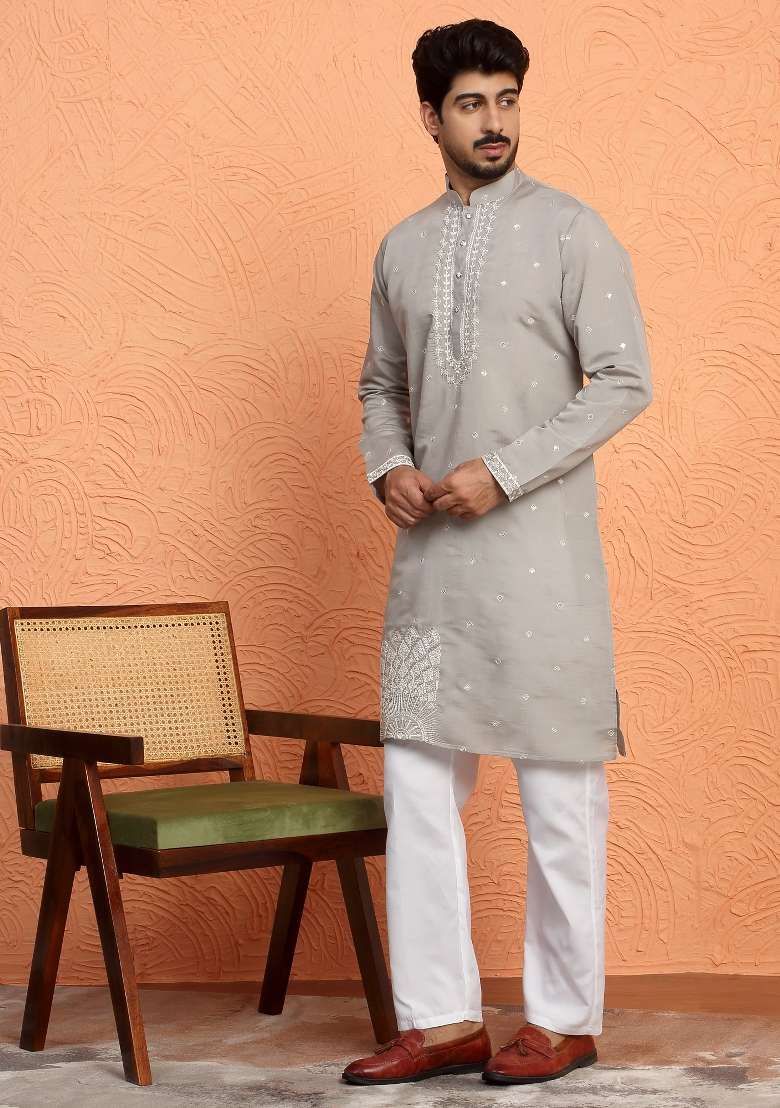 Grey Yoke Design Silk Blend Kurta Set For Men - Indya