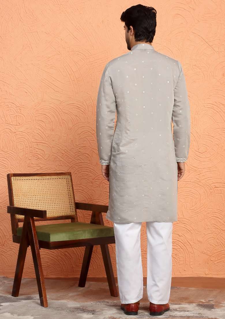 Grey Yoke Design Silk Blend Kurta Set For Men - Indya