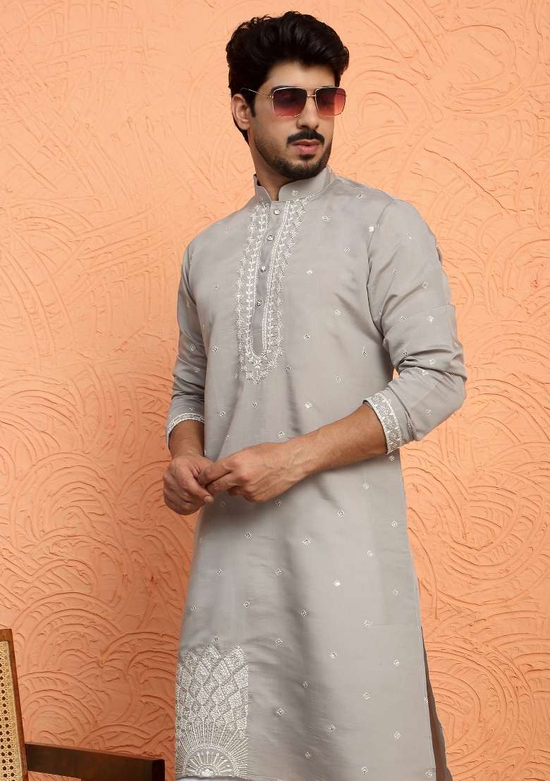 Grey Yoke Design Silk Blend Kurta Set For Men - Indya
