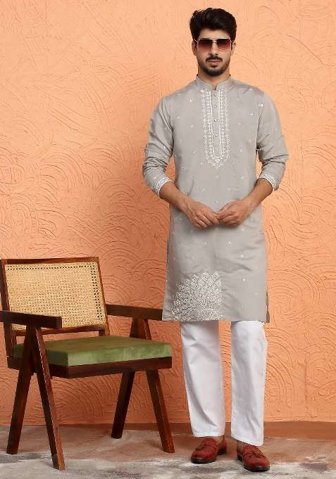 Grey Yoke Design Silk Blend Kurta Set For Men