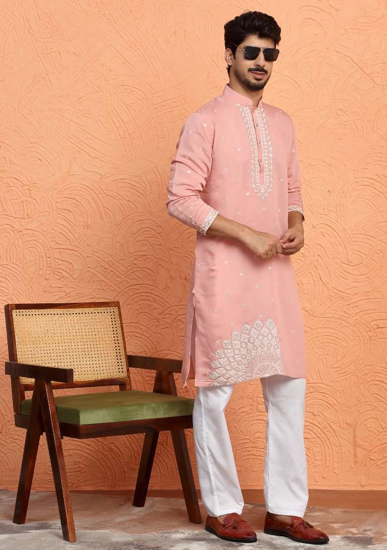 Pink Yoke Design Silk Blend Kurta Set For Men - Indya