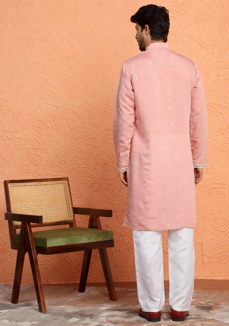 Pink Yoke Design Silk Blend Kurta Set For Men - Indya