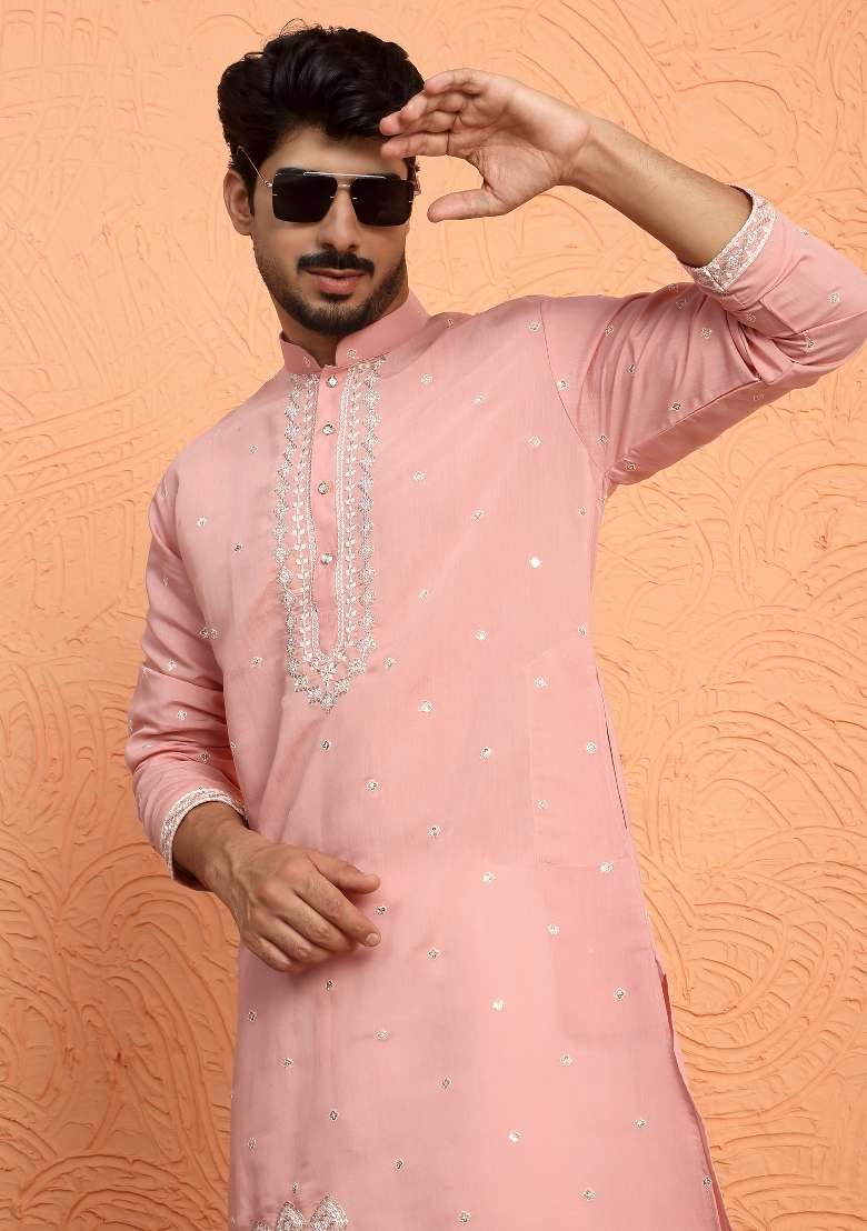 Pink Yoke Design Silk Blend Kurta Set For Men - Indya