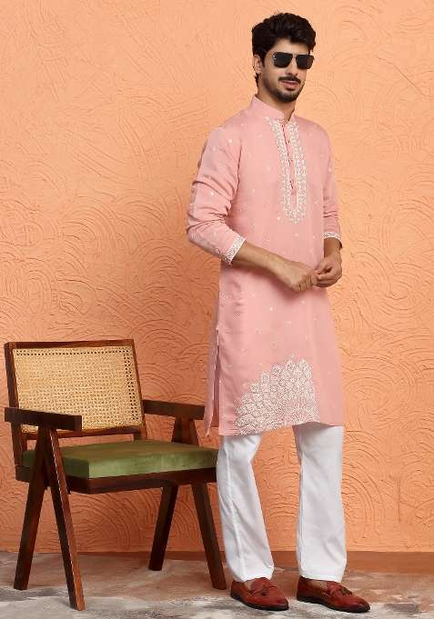 Pink Yoke Design Silk Blend Kurta Set For Men