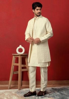 Cream Embroidered Silk Blend Kurta Set For Men