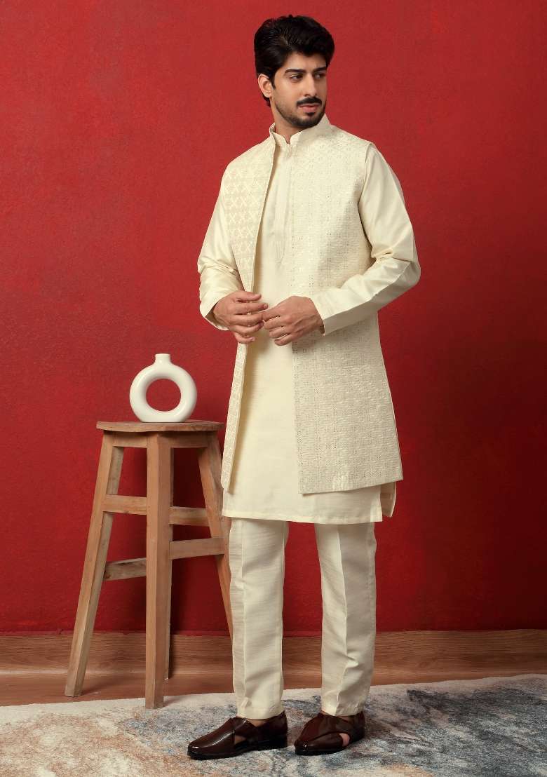 Cream Embroidered Silk Blend Kurta Set For Men - Indya