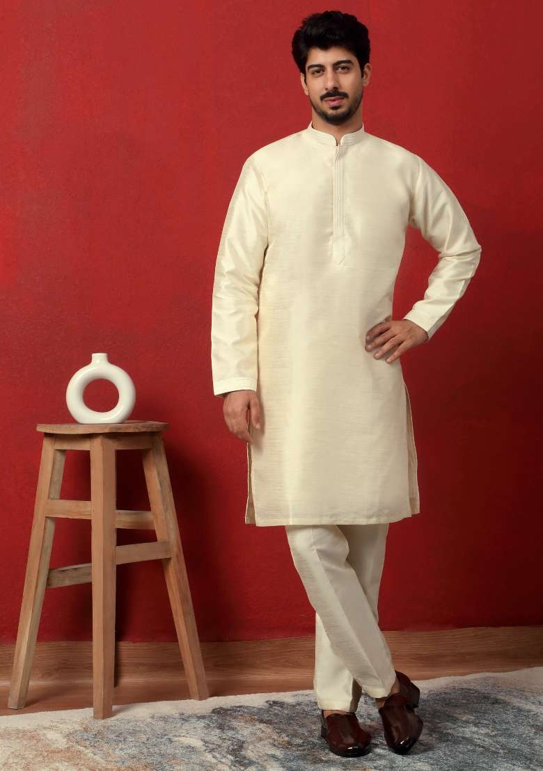 Cream Embroidered Silk Blend Kurta Set For Men - Indya