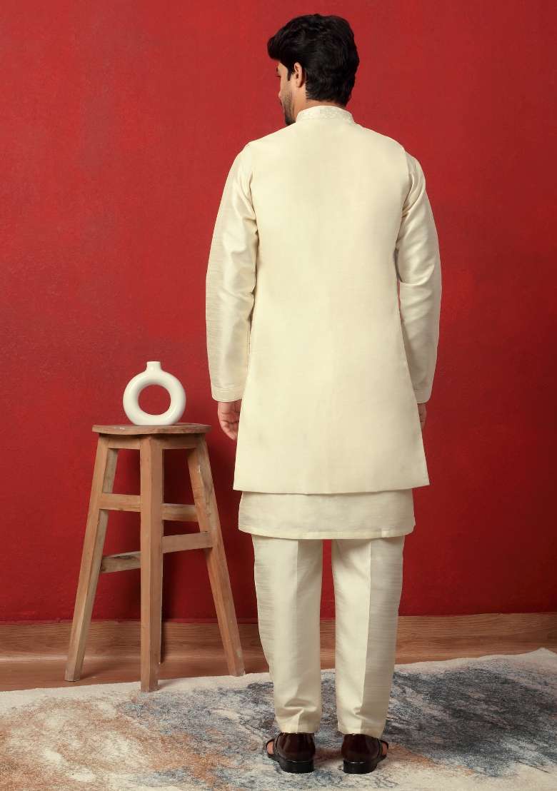 Cream Embroidered Silk Blend Kurta Set For Men - Indya