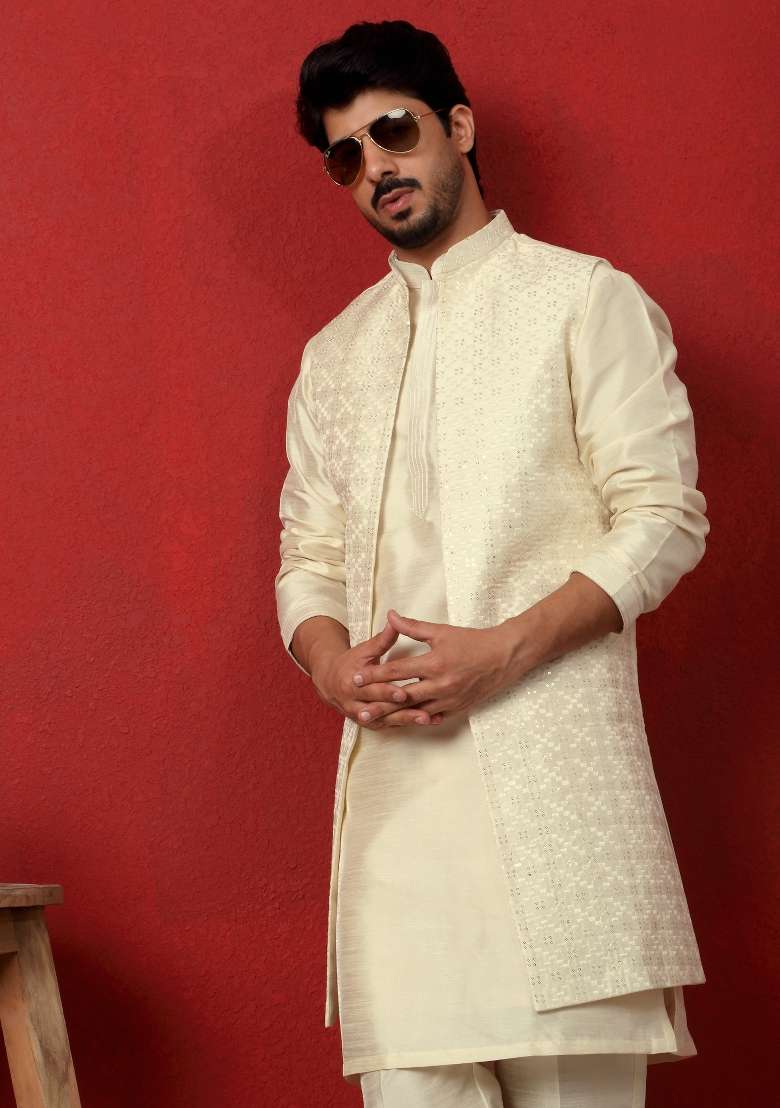 Cream Embroidered Silk Blend Kurta Set For Men - Indya