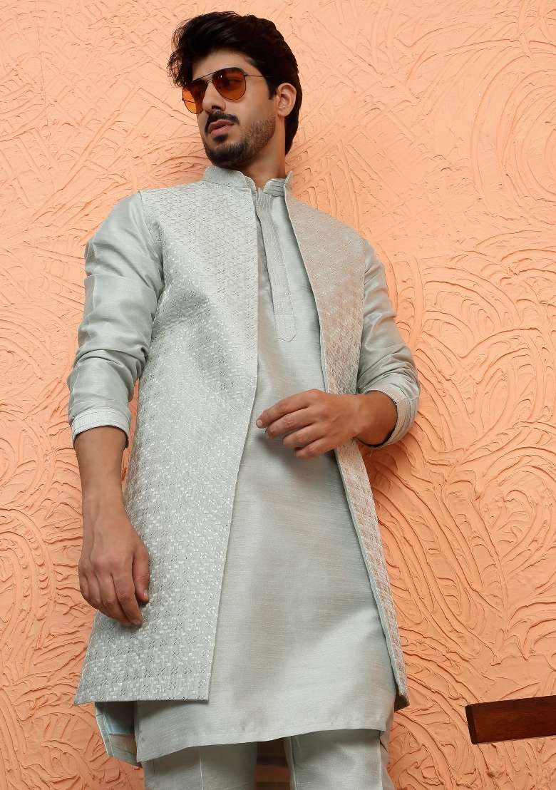 Green Embroidered Silk Blend Kurta Set For Men - Indya