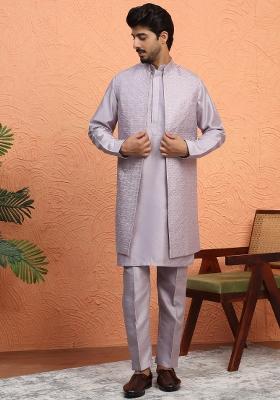 Mauve Embroidered Silk Blend Kurta Set For Men