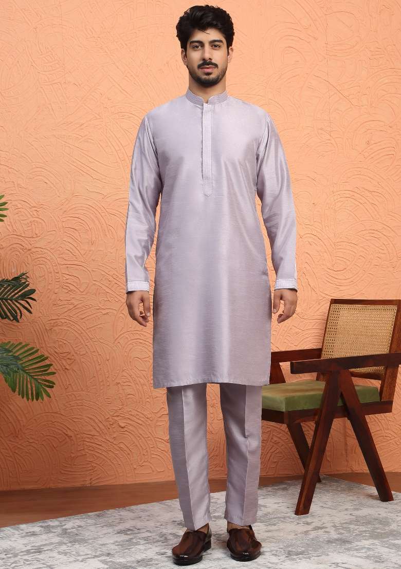 Mauve Embroidered Silk Blend Kurta Set For Men - Indya