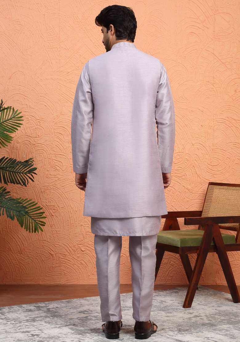 Mauve Embroidered Silk Blend Kurta Set For Men - Indya