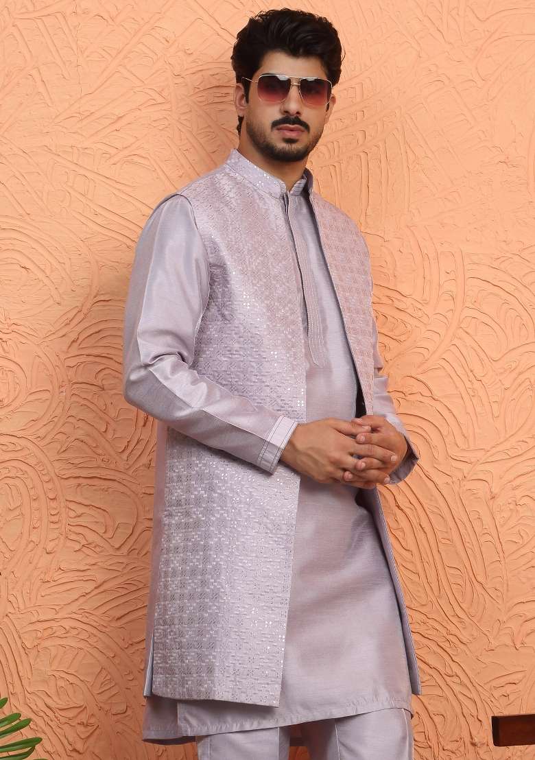 Mauve Embroidered Silk Blend Kurta Set For Men - Indya
