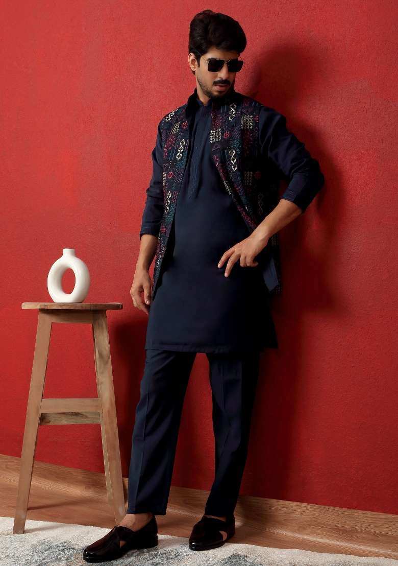 Blue Embroidered Silk Blend Kurta Set For Men - Indya