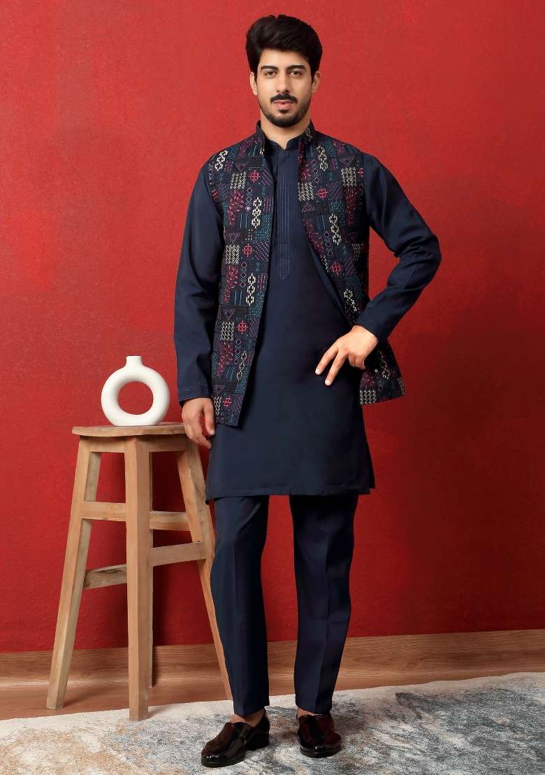 Blue Embroidered Silk Blend Kurta Set For Men - Indya