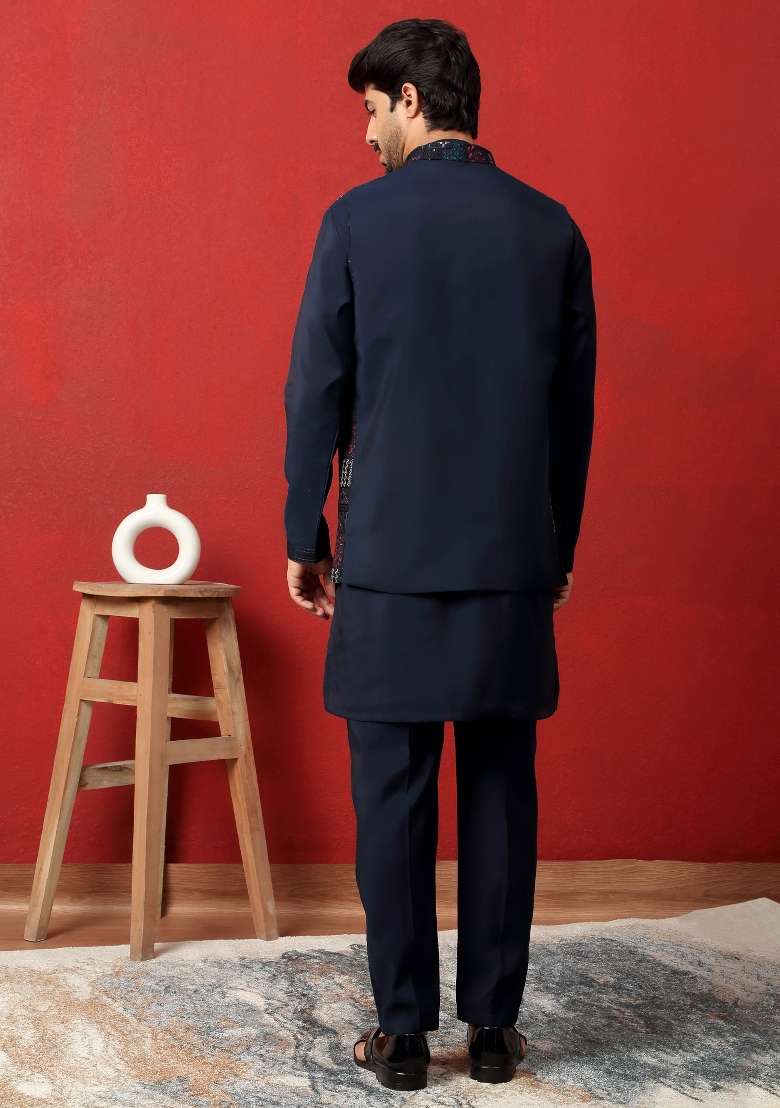 Blue Embroidered Silk Blend Kurta Set For Men - Indya