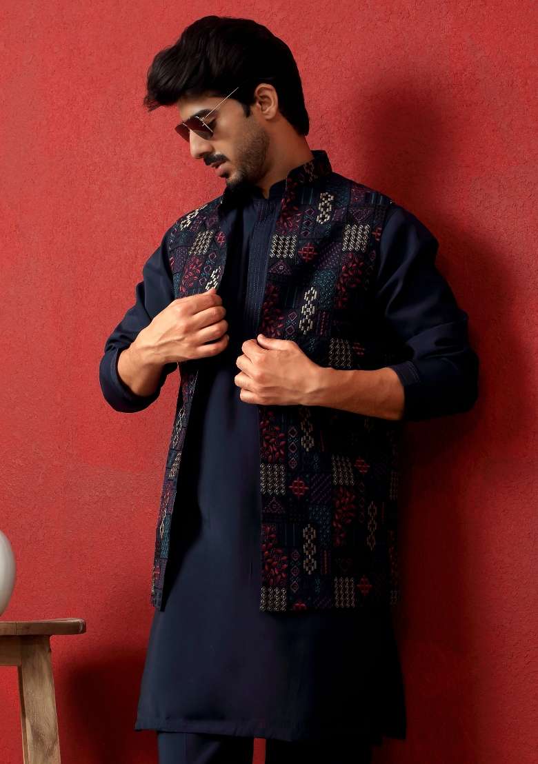 Blue Embroidered Silk Blend Kurta Set For Men - Indya