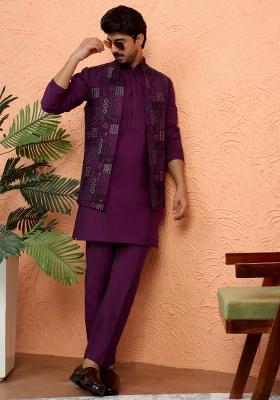 Wine Embroidered Silk Blend Kurta Set For Men