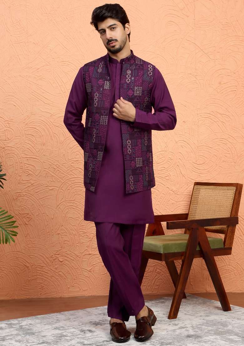 Wine Embroidered Silk Blend Kurta Set For Men - Indya