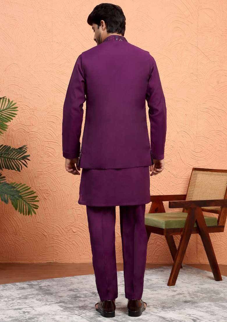 Wine Embroidered Silk Blend Kurta Set For Men - Indya