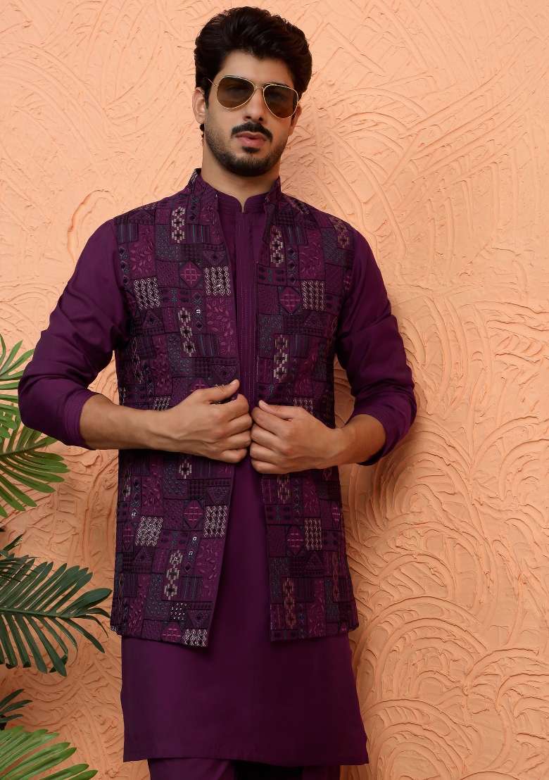 Wine Embroidered Silk Blend Kurta Set For Men - Indya