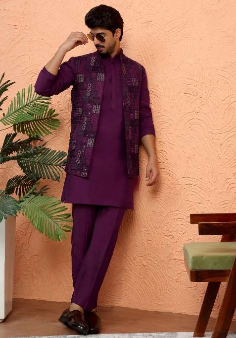 Wine Embroidered Silk Blend Kurta Set For Men