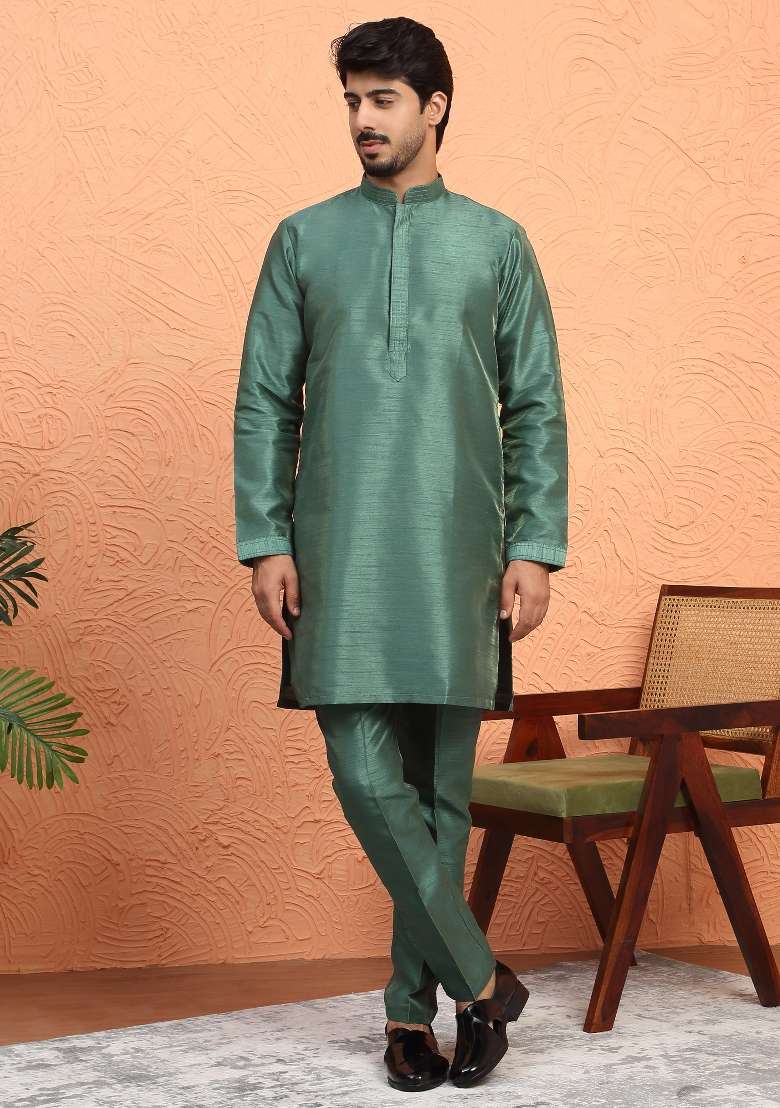 Green Paisley Silk Blend Kurta Set For Men - Indya