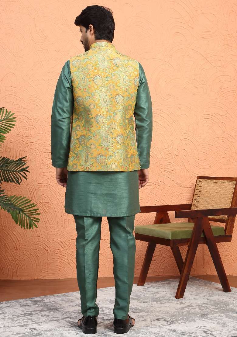 Green Paisley Silk Blend Kurta Set For Men - Indya