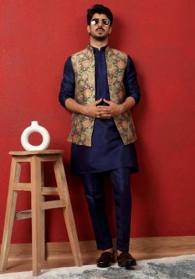 Blue Paisley Silk Blend Kurta Set For Men
