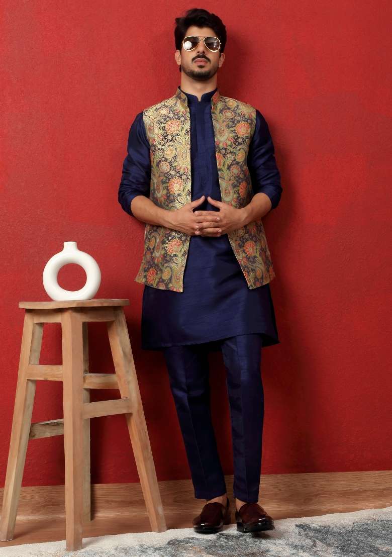 Blue Paisley Silk Blend Kurta Set For Men - Indya