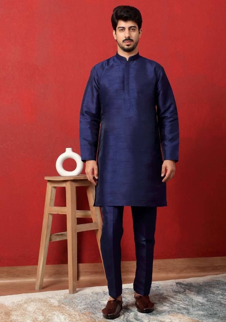 Blue Paisley Silk Blend Kurta Set For Men - Indya