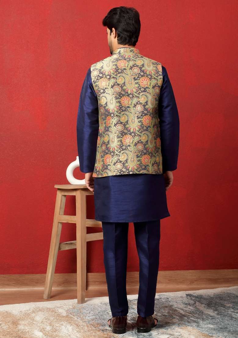 Blue Paisley Silk Blend Kurta Set For Men - Indya