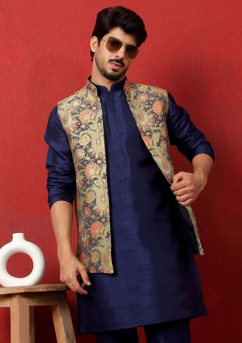 Blue Paisley Silk Blend Kurta Set For Men - Indya