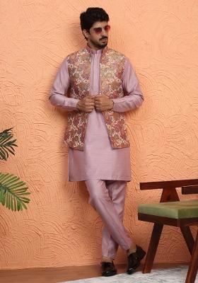 Mauve Paisley Silk Blend Kurta Set For Men
