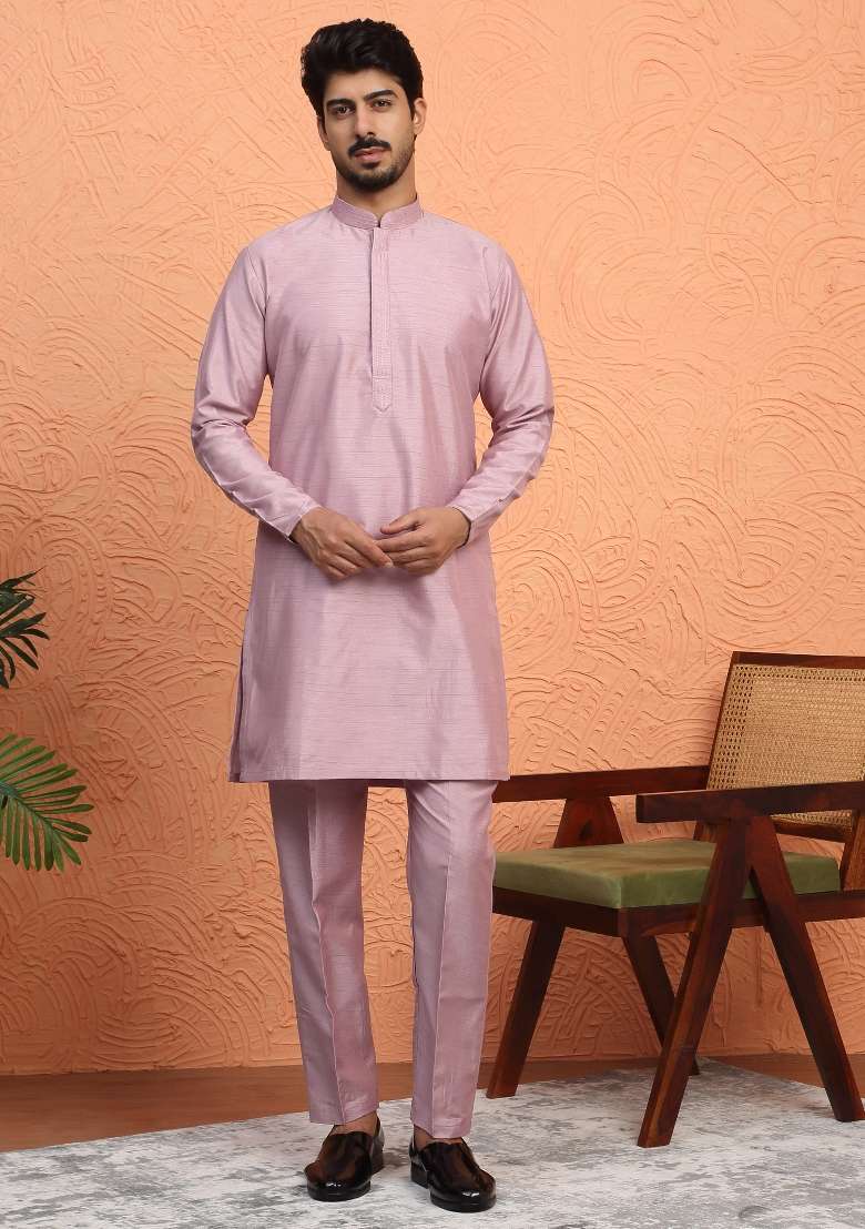 Mauve Paisley Silk Blend Kurta Set For Men - Indya