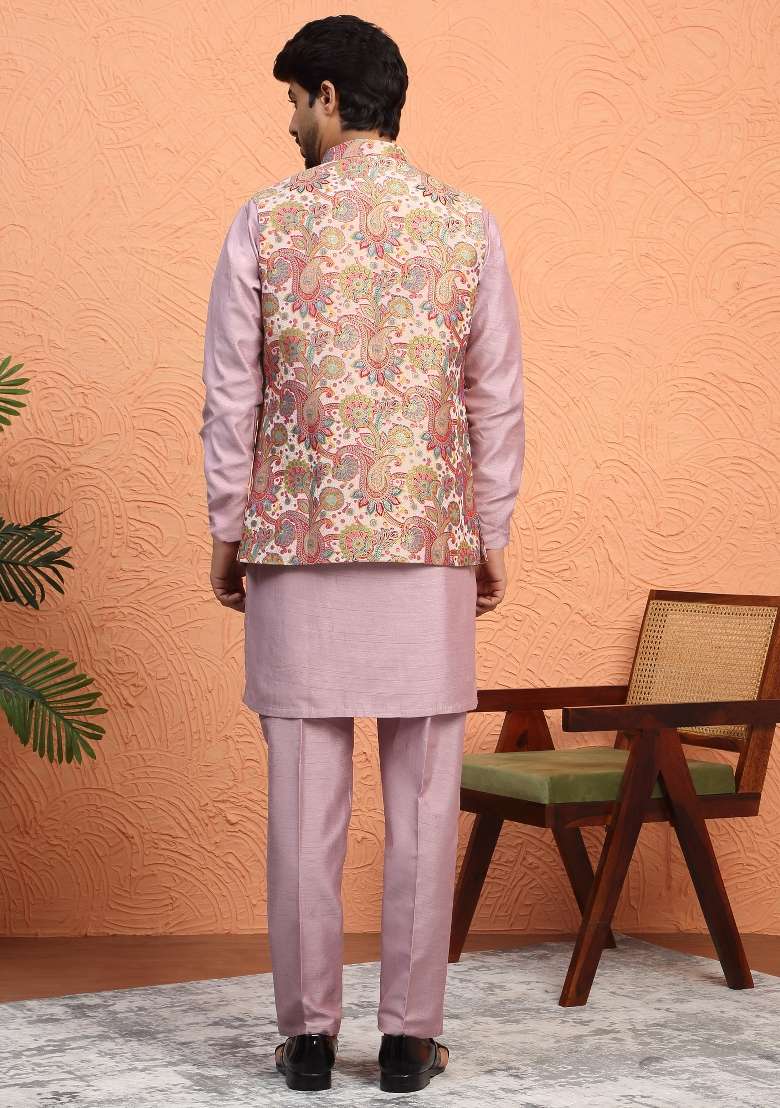 Mauve Paisley Silk Blend Kurta Set For Men - Indya