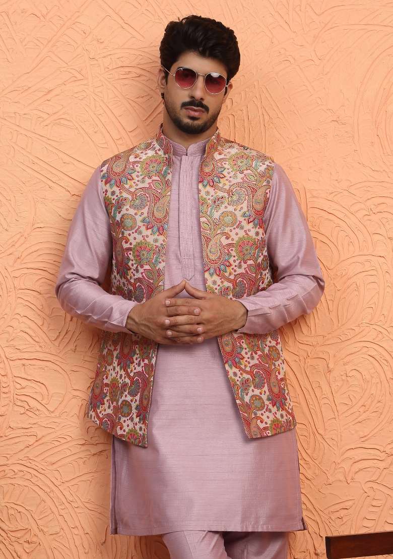 Mauve Paisley Silk Blend Kurta Set For Men - Indya