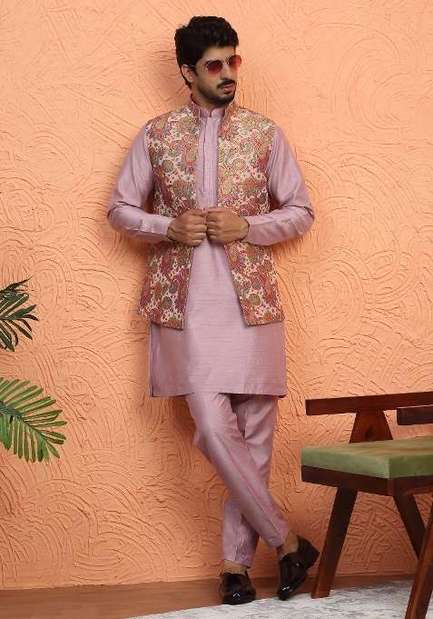 Mauve Paisley Silk Blend Kurta Set For Men
