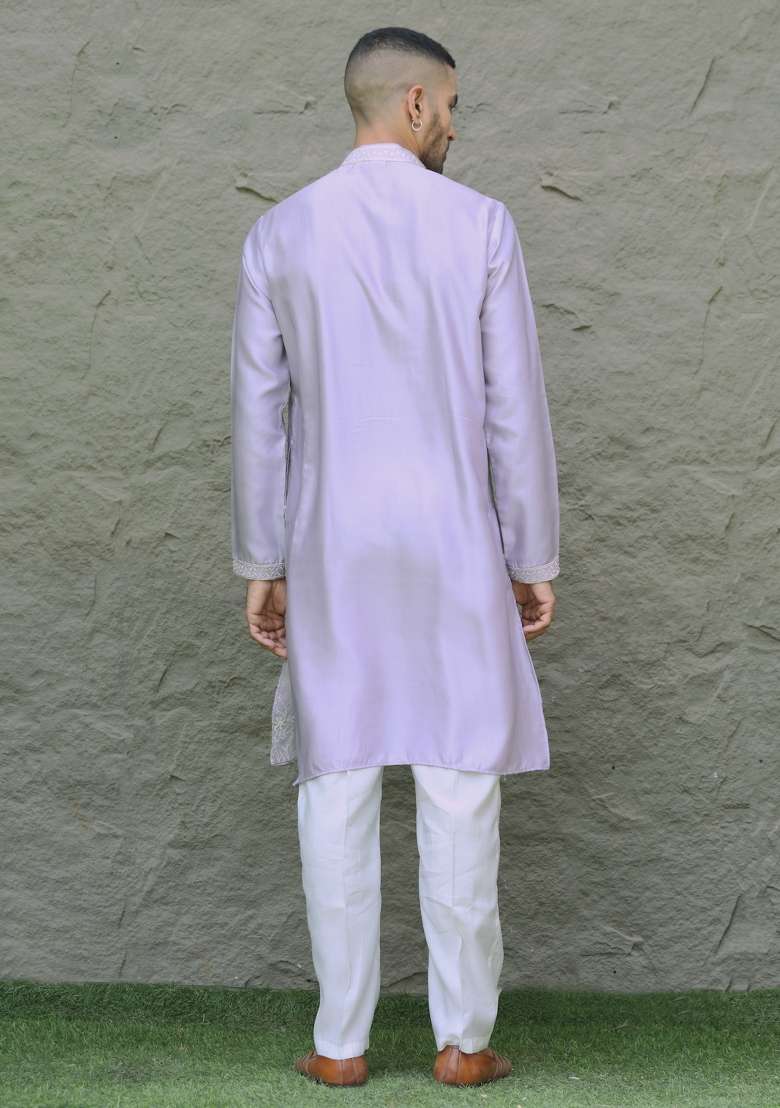 Mauve Yoke Design Silk Kurta Set For Men - Indya