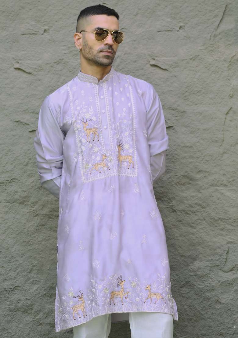 Mauve Yoke Design Silk Kurta Set For Men - Indya