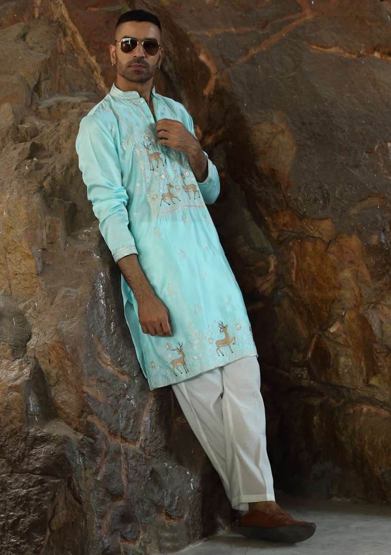 Sky Blue Yoke Design Silk Kurta Set For Men - Indya