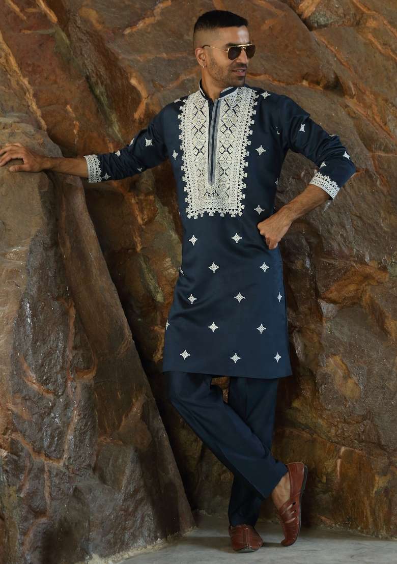 Blue Yoke Design Silk Kurta Set For Men - Indya