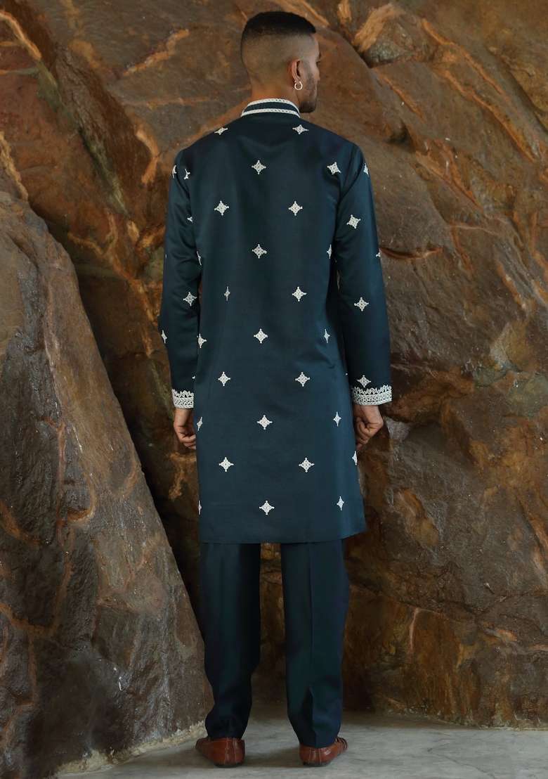 Blue Yoke Design Silk Kurta Set For Men - Indya